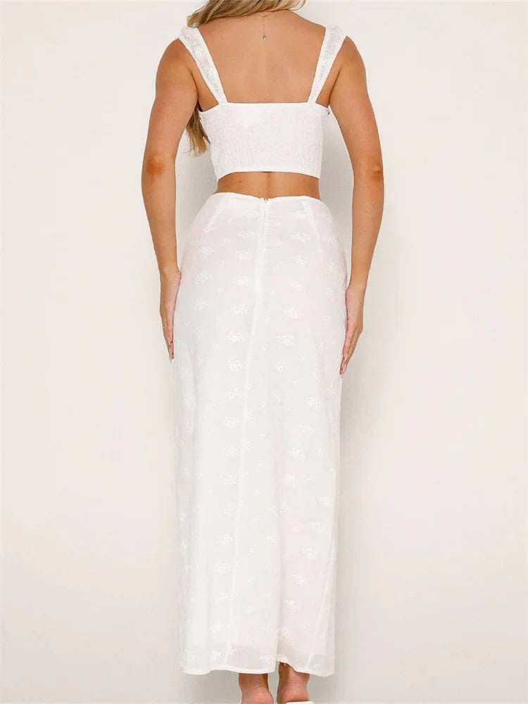 Embroidered Flower Sleeveless Crop Top High Waist Long Skirt skirt-250126
