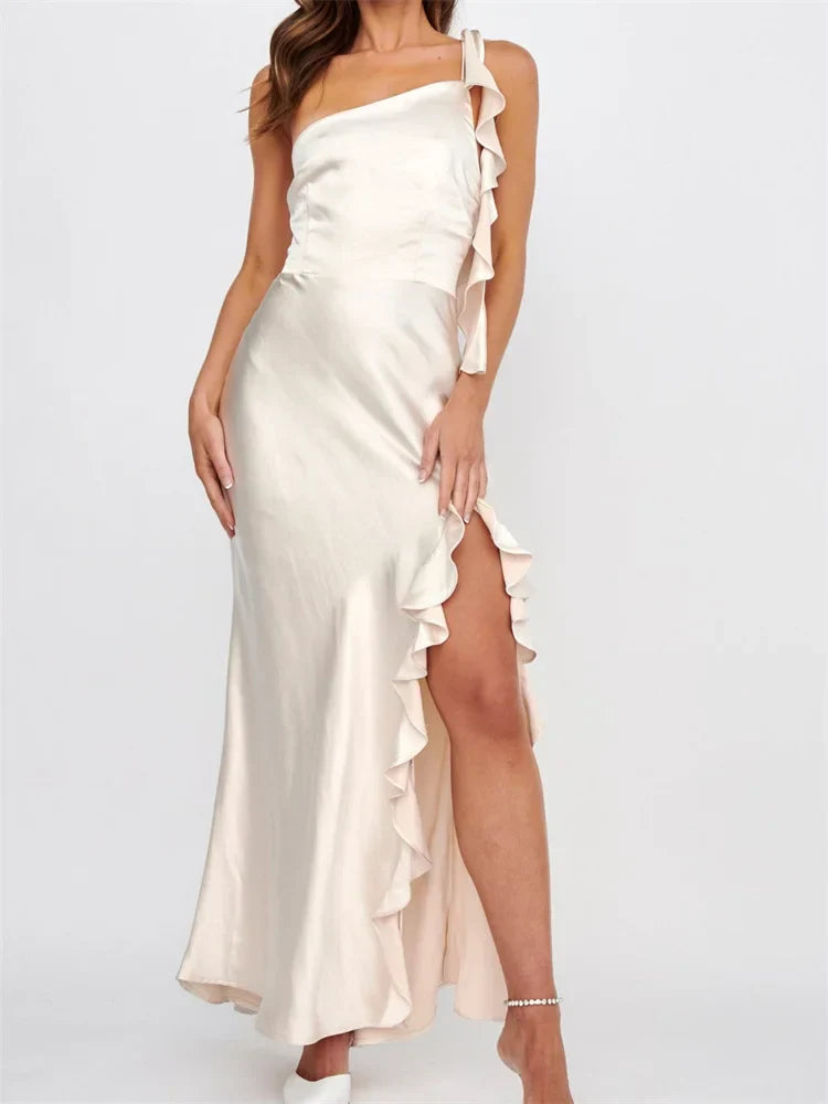Women Summer Evening Sleeveless Strap Backless Off Shoulder High Split Ruffles Party Female