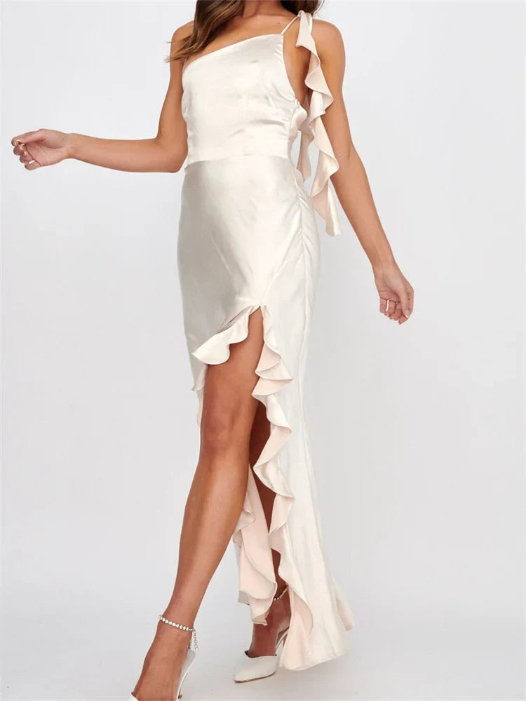 Women Summer Evening Sleeveless Strap Backless Off Shoulder High Split Ruffles Party Female Vestidos