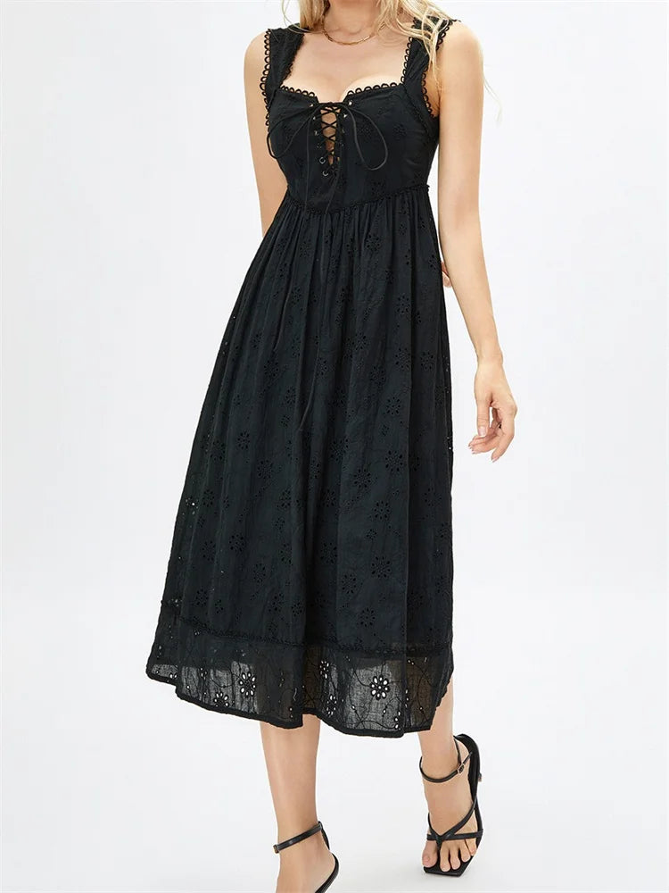 Women Summer Lace Floral Backless Tie-Up Sleeveless Spaghetti Strap Hollow Out Party Female Vestidos