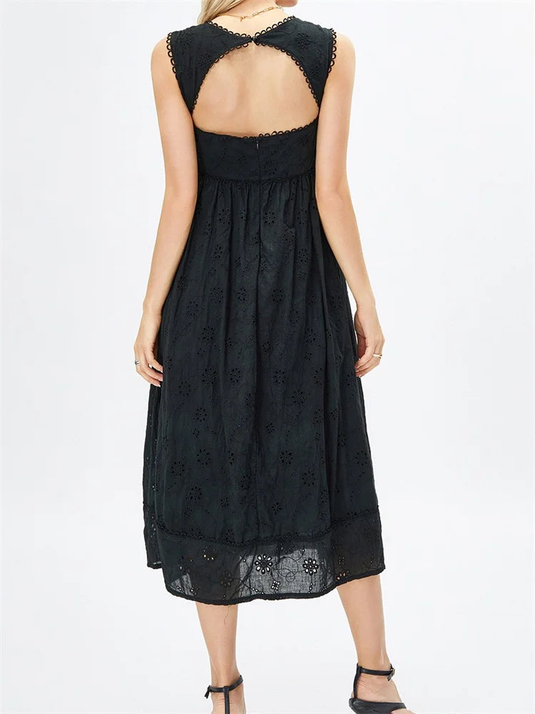 Women Summer Lace Floral Backless Tie-Up Sleeveless Spaghetti Strap Hollow Out Party Female Vestidos