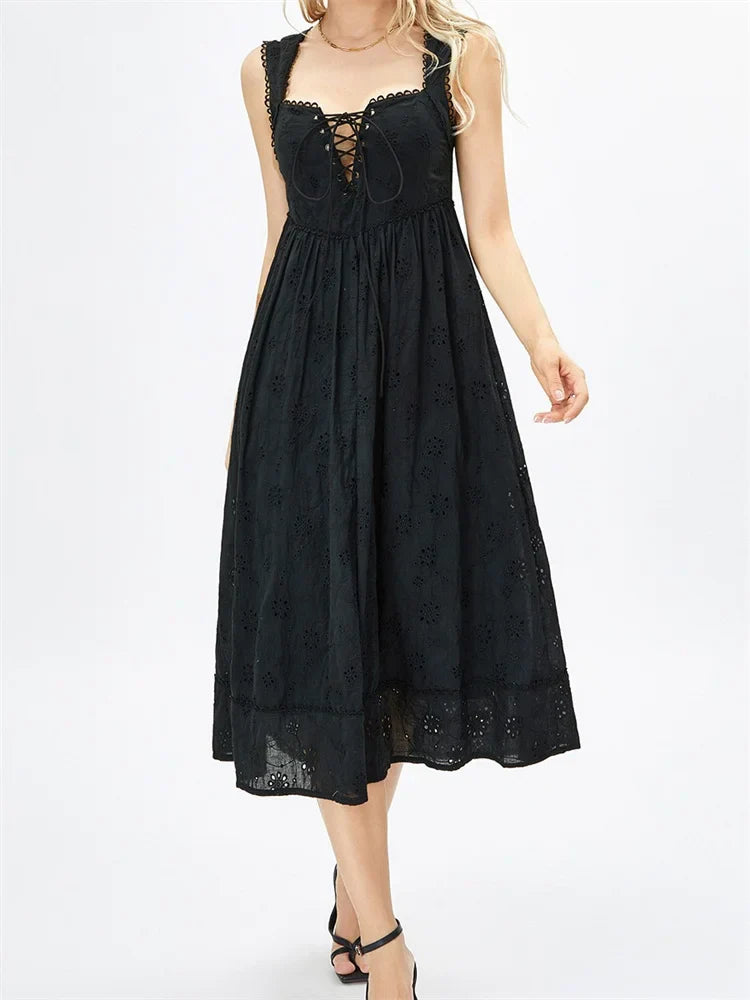 Women Summer Lace Floral Backless Tie-Up Sleeveless Spaghetti Strap Hollow Out Party Female Vestidos