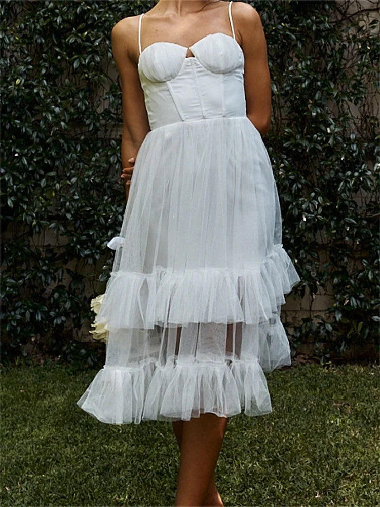 Women Summer Solid Color Sleeveless Strap Layered Tulle Ruffles Backless Party Vestidos