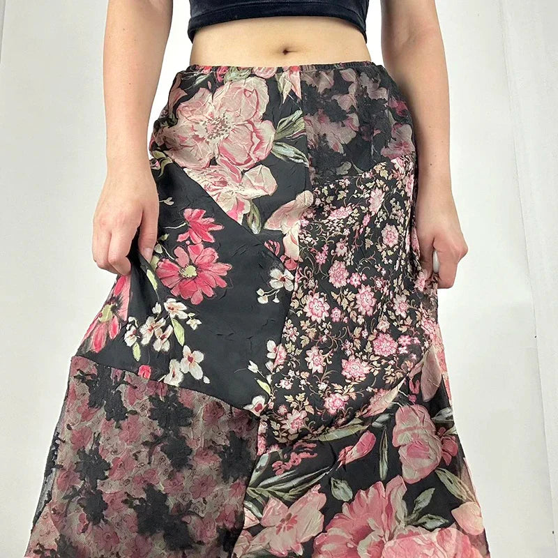 Chic Floral Print Low Rise Patchwork Skirt skirt-250126