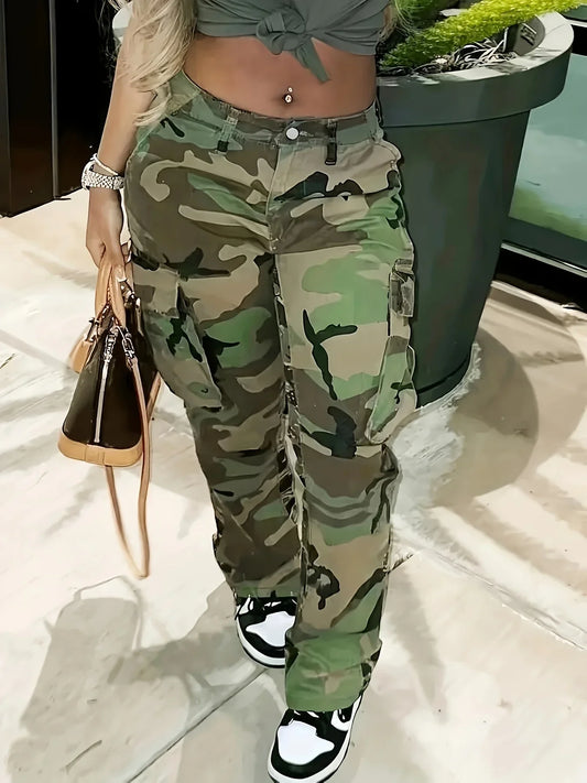 Camo Print Side Flap Pocket Cargo Loose Fit Stretchy Y2K Kpop Denim Women’s & Clothing Jean