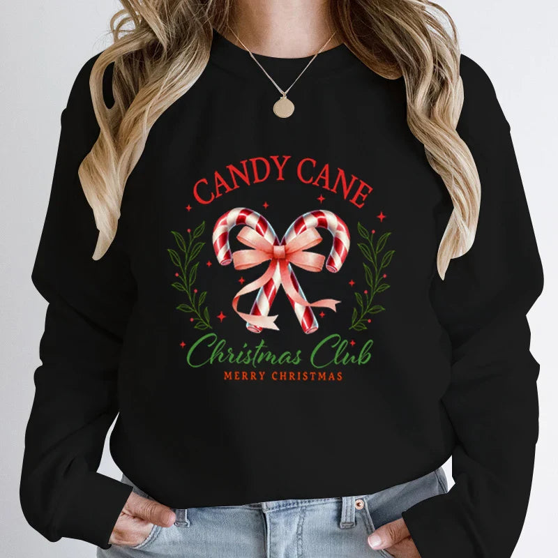 Merry Candy Cane Christmas Club Round Neck Hoodie Black / S Hoodies-L