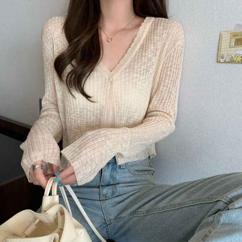 V-Neck Thin Sunscreen Korean Style Knit Summer Cardigan cardiagn-250126