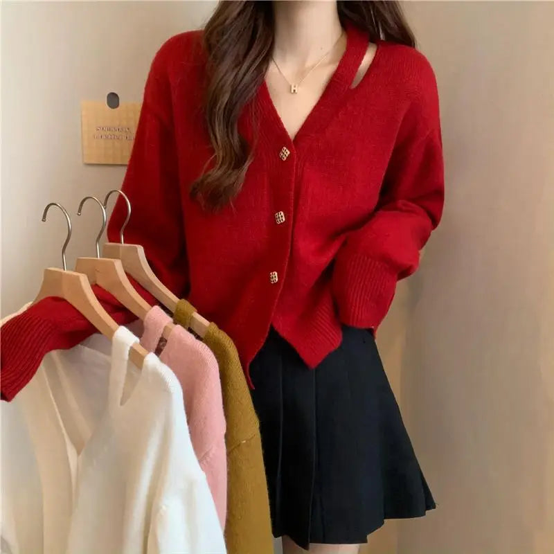 New V-Neck Button Red Knit Tops Stylish Knitwear Christmas Sweater Sweaters-L