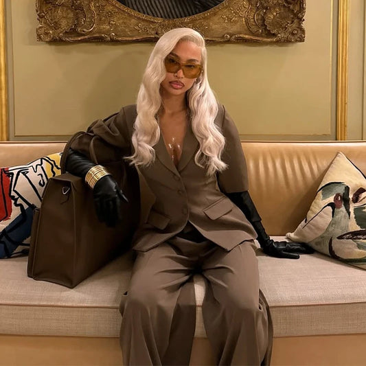 Blazer mit Puffärmeln, weite Hose, zweiteiliges Büro-Set