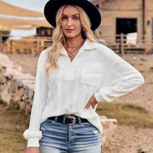 Solid Lapel Pullover Knit Blouse Elegant Blouse blouse-250126