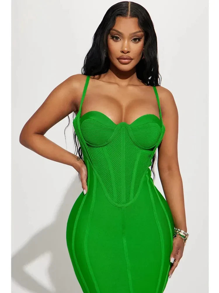 Summer Sexy Sleeveless Backless Green Midi Bodycon Bandage Elegant Christmas Party Dress Dresses-L