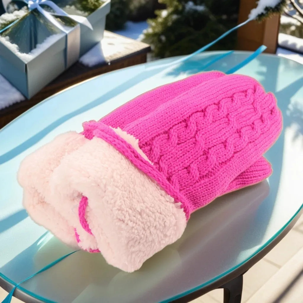 Warm Full Finger Thickened Winter Knitted Fleece Christmas Gloves For Men And Women Rose Red With