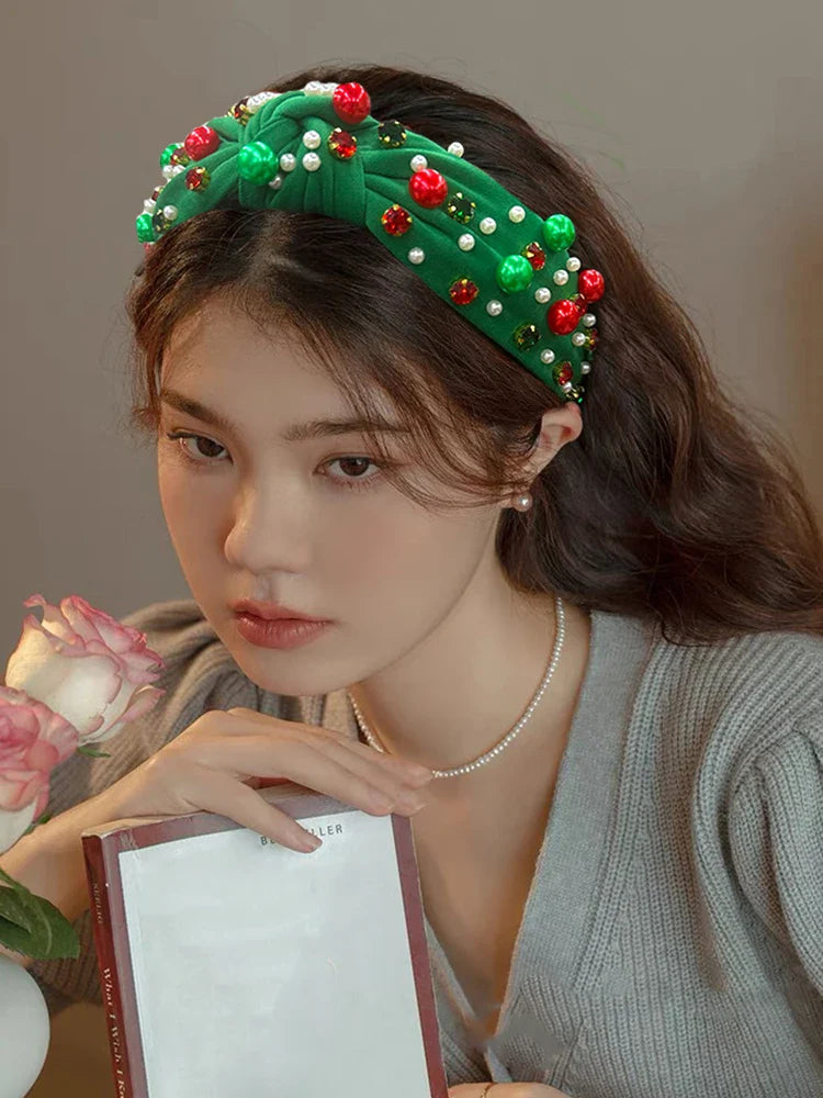 Festive Red Winter Wide Knotted Christmas Hair Accessory With Imitation Pearls Accessories-L