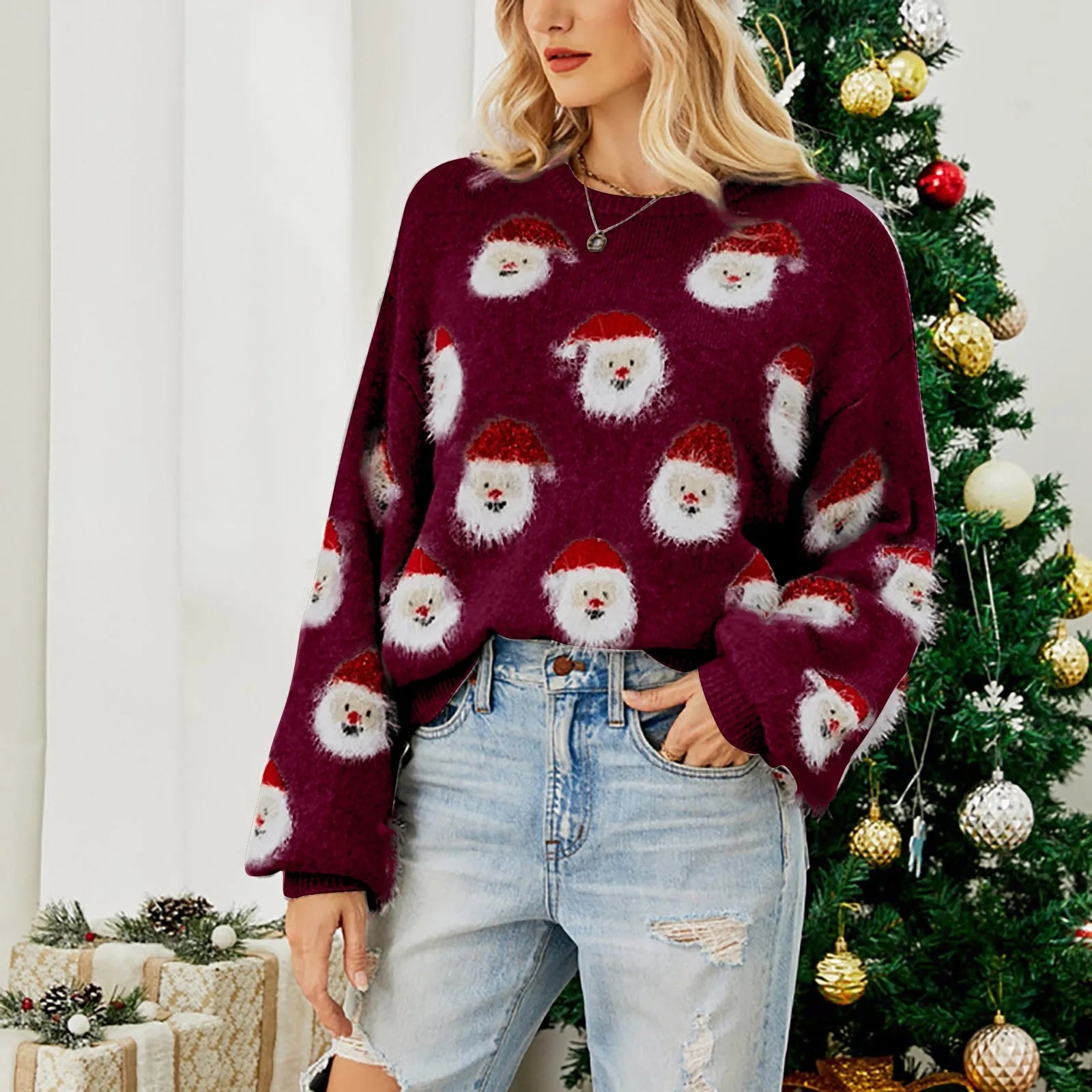 Round Neck Casual Oversized Warm Christmas Santa Head Sweater Sweaters-L