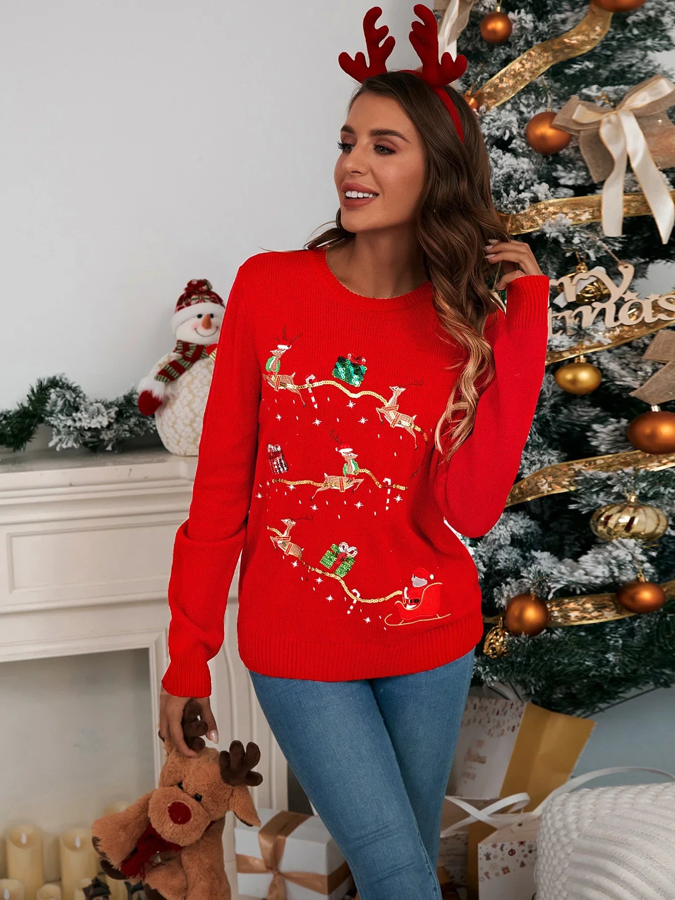 Cute Christmas Embroidery Long Sleeve New Knitted Sweater Red Car / S Sweaters-L