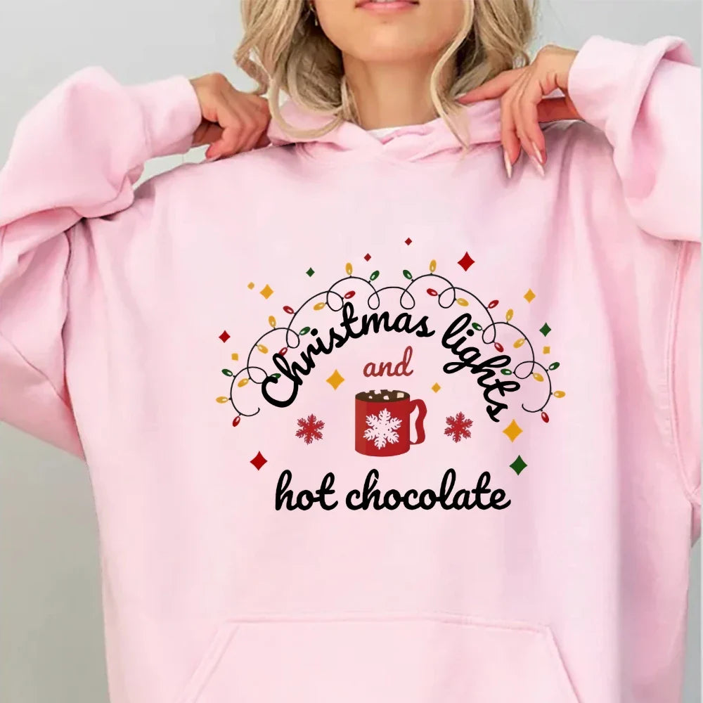 Christmas Lights Hot Chocolate Merry Bright Festive Family Hoodie Pink / S Hoodies-L