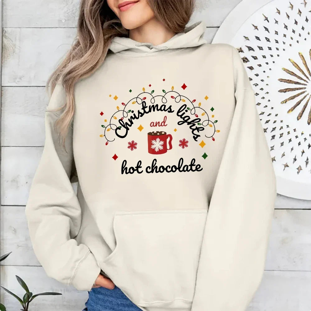 Christmas Lights Hot Chocolate Merry Bright Festive Family Hoodie Khaki / S Hoodies-L