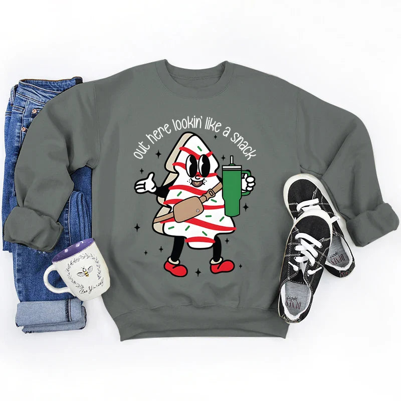 Out Here Lookin’ Like A Snack Print Round Neck Casual Long Sleeve Christmas Hoodie Multi / S