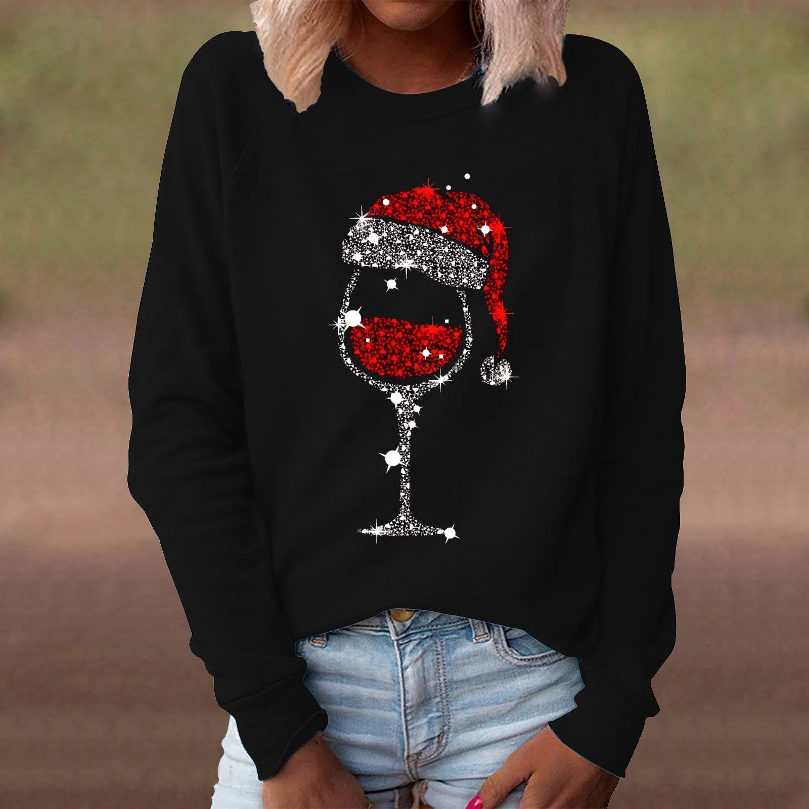 Red Wine Casual Round Neck Long Sleeve Christmas Hoodie Black / S Hoodies-L