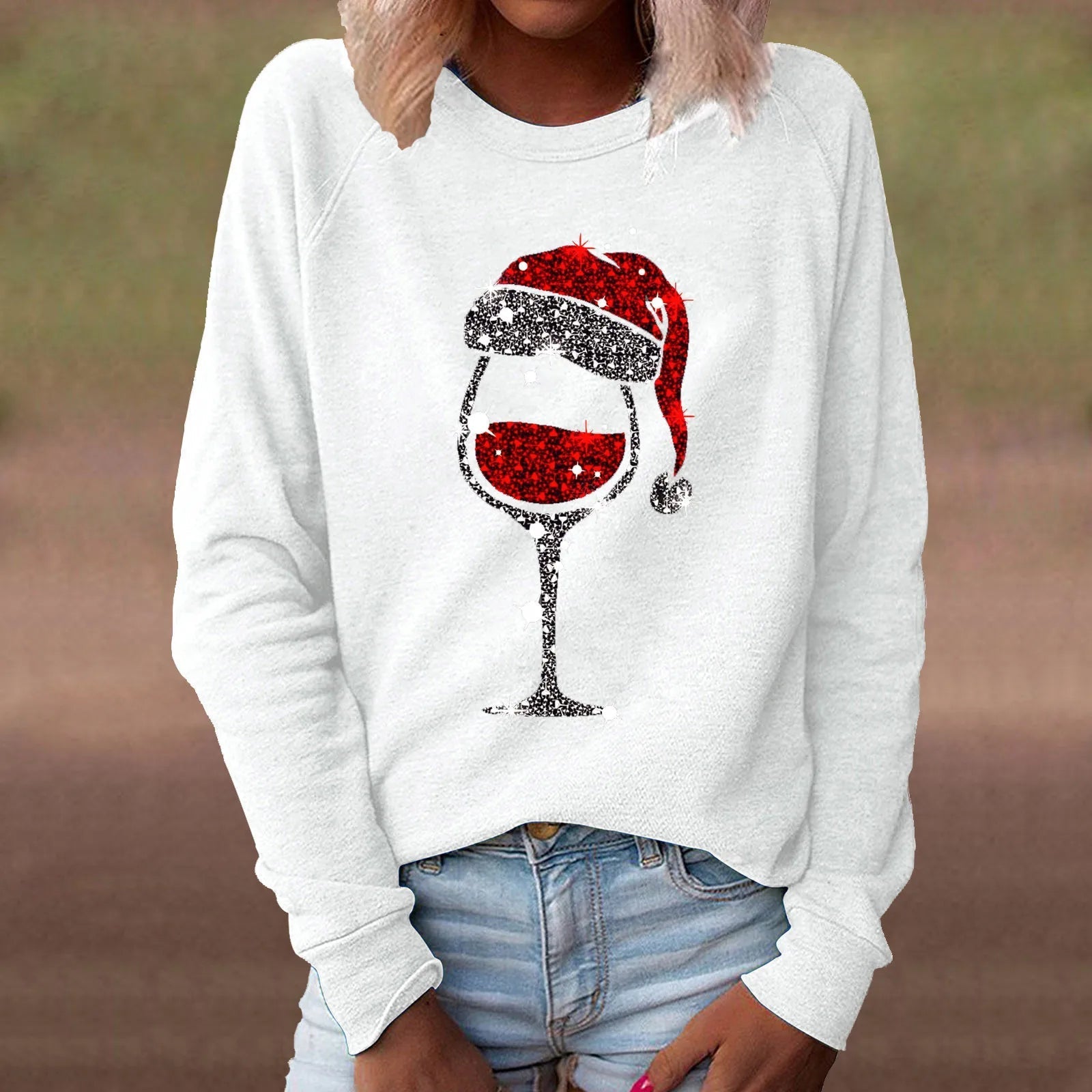 Red Wine Casual Round Neck Long Sleeve Christmas Hoodie White / S Hoodies-L