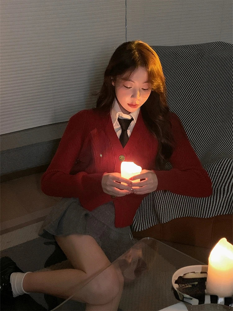 Y2K Red Crop V-Neck Cardigan Cardigan-241208