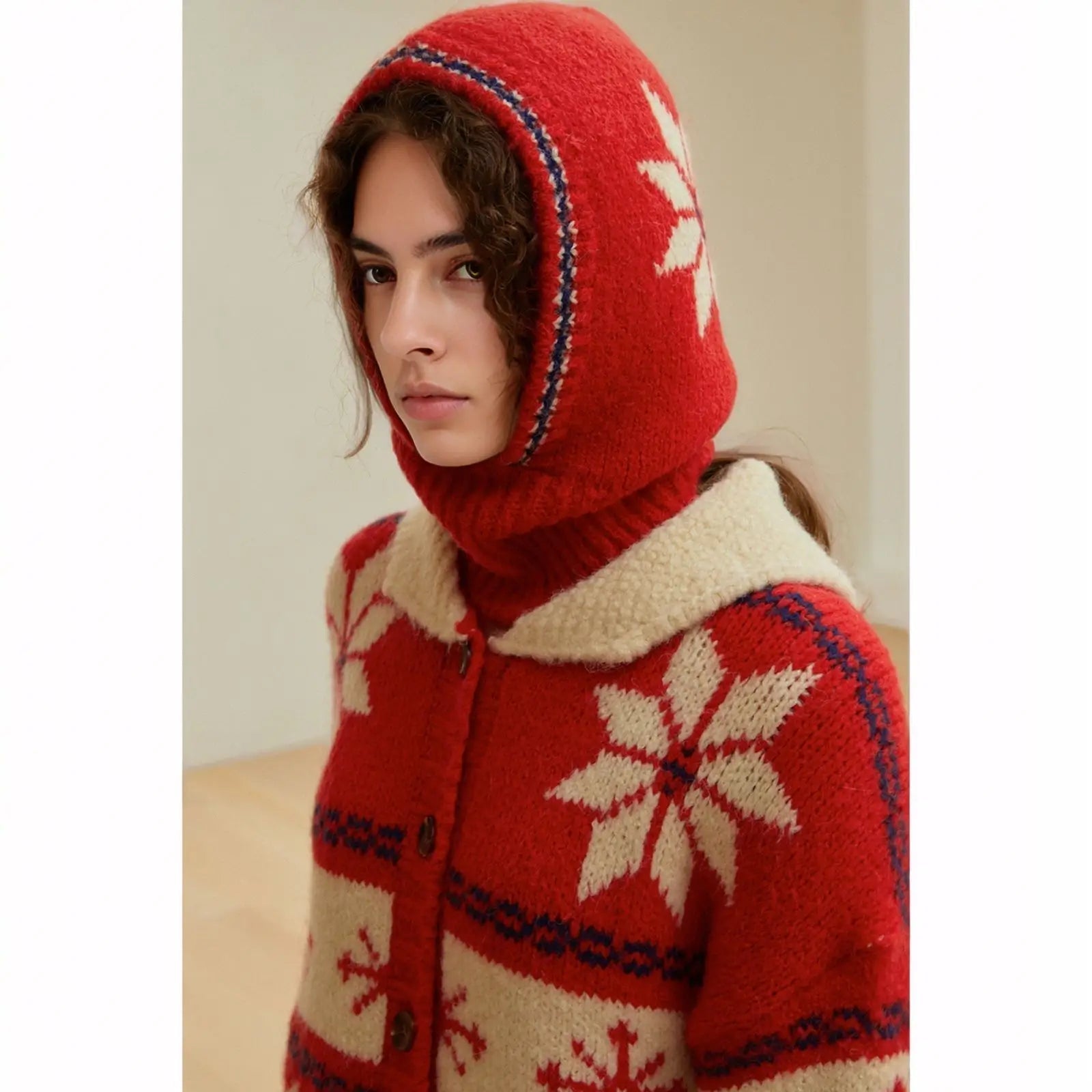 Snowflake Wool Blend Balaclava Knitted Christmas Hat Red Snowflake / One Size Hat-L