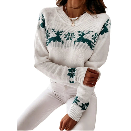 Casual Long Sleeve O-Neck Pullover Deer Knitted Christmas Sweater Green / S Sweaters-L