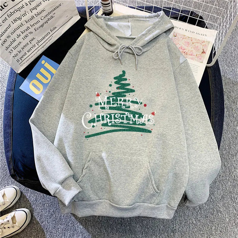 Sporty Printed Casual Long Sleeve Christmas Hoodie For Women Light Grey / S Hoodies-L