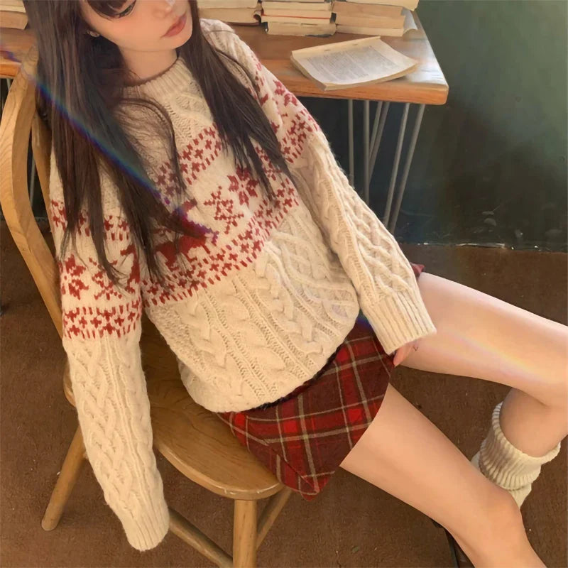Christmas Round Neck Autumn Winter Lazy Style Fashion Loose Knitted Sweater Beige / One Size