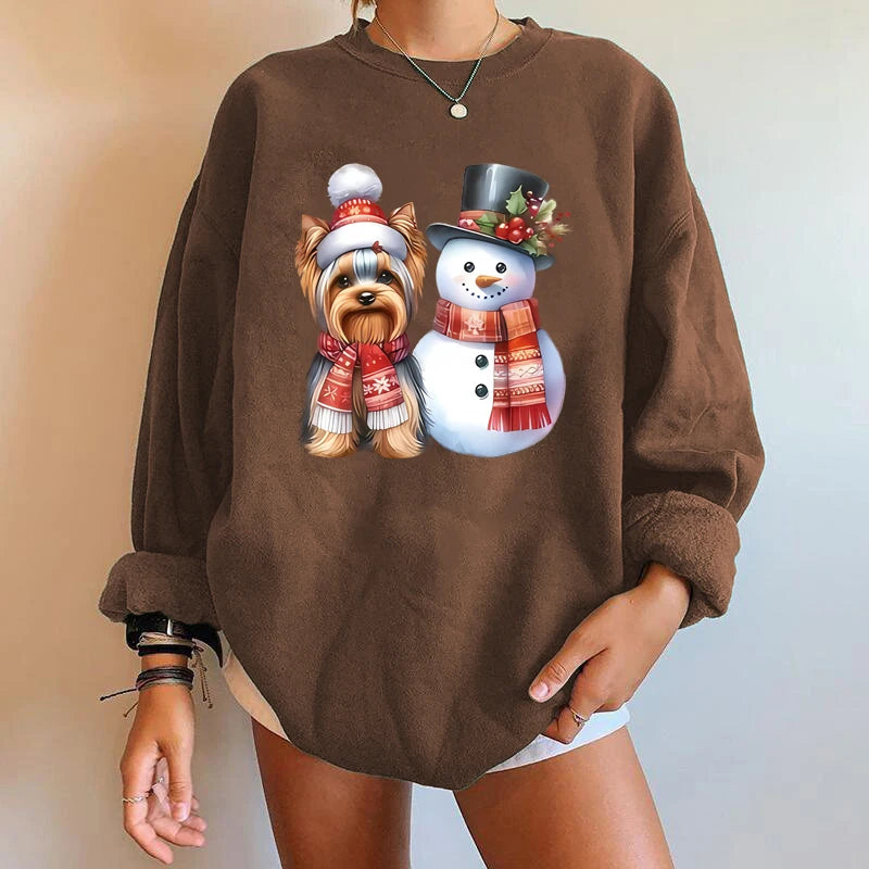 Y2K Snowman Dog Printed Christmas Hoodie Coffee / S Hoodies-L