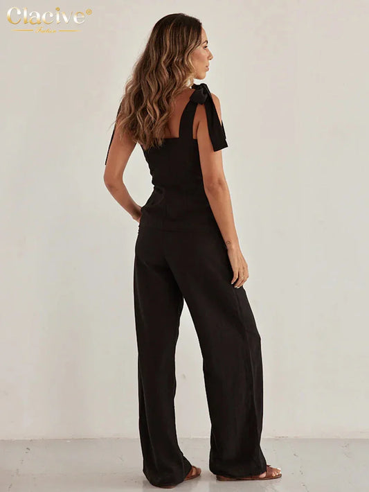 Schwarzes, schmales, ärmelloses Büro-Zweiteilerset aus Baumwolle