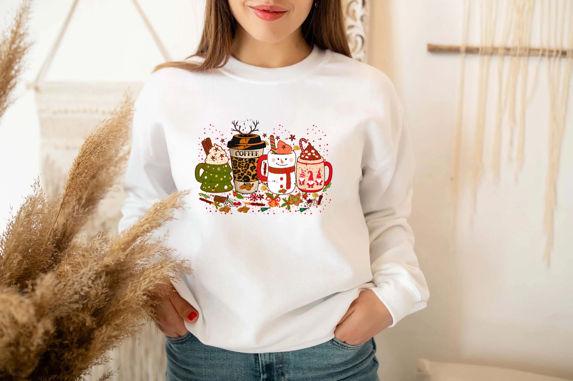 Colored Coffee Party Aesthetic Pure Cotton Jumper Graphic Christmas Hoodie White / S Hoodies-L