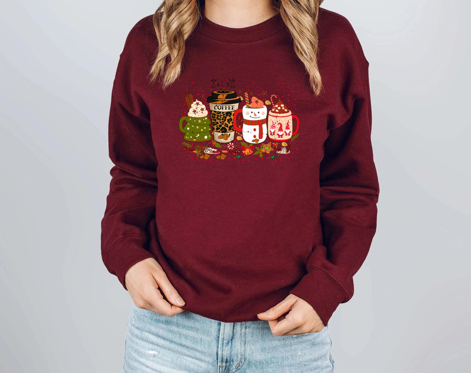 Colored Coffee Party Aesthetic Pure Cotton Jumper Graphic Christmas Hoodie Burgundy / S Hoodies-L