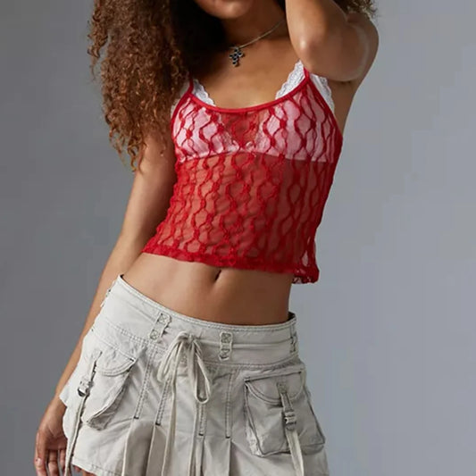 Transparentes Mesh-Crop-Top mit quadratischem Ausschnitt