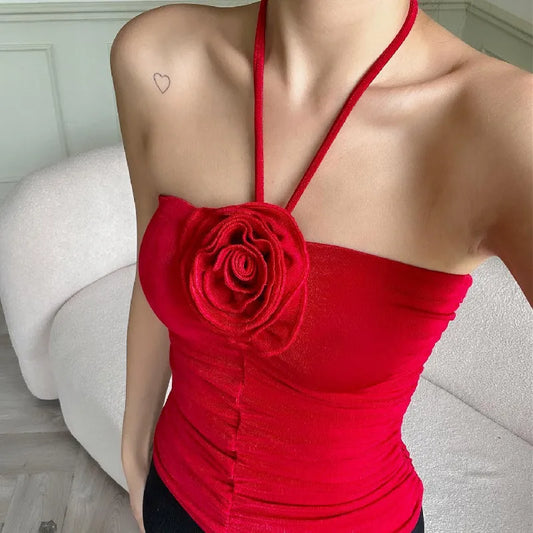 Neckholder-Crop-Top mit 3D-Rosetten