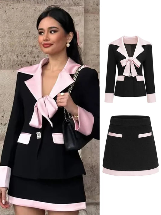 Blazer mit kontrastierender Schleife, Minirock, Büro, zweiteiliges Set