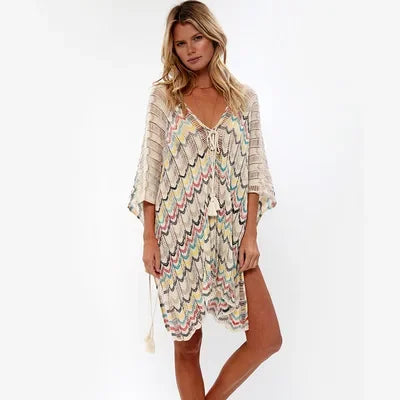 Cotton Crochet Tunic V-neck Boho Beach Cover up Beige / One Size bohocoverup-250126