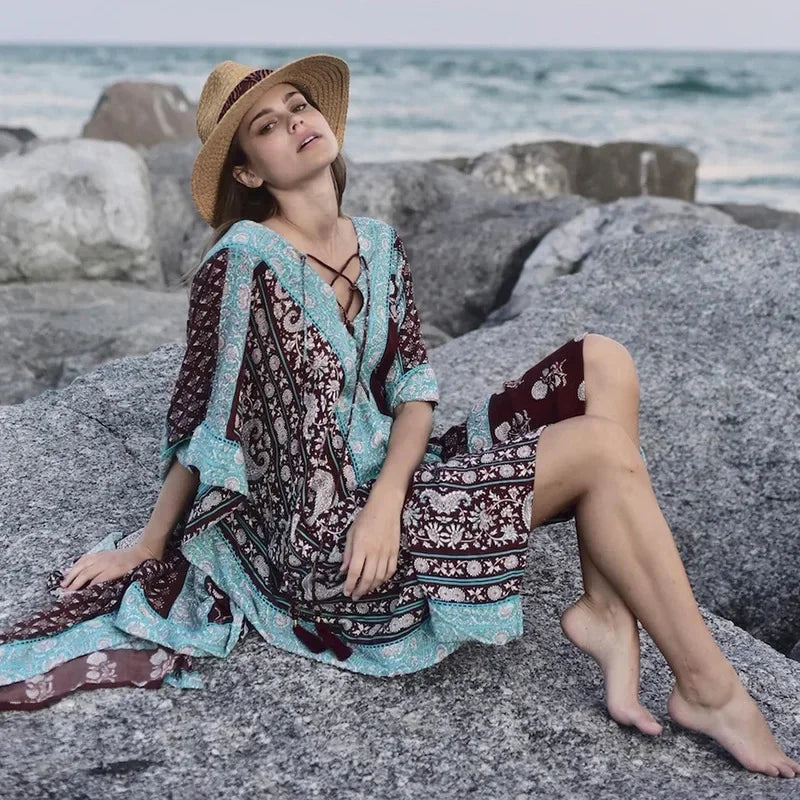 Cotton Floral Print Smock Frock Boho Cover up as picture show / One Size bohocoverup-250126
