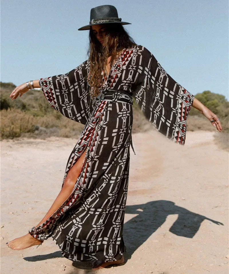 Cotton Rayon Kimono Boho Bikini Cover up Long Sleeve Dark Brown / One Size bohocoverup-250126