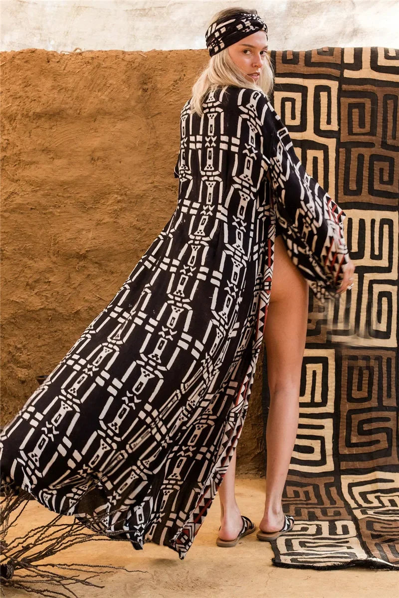 Cotton Rayon Kimono Boho Bikini Cover up Long Sleeve Dark Brown / One Size bohocoverup-250126