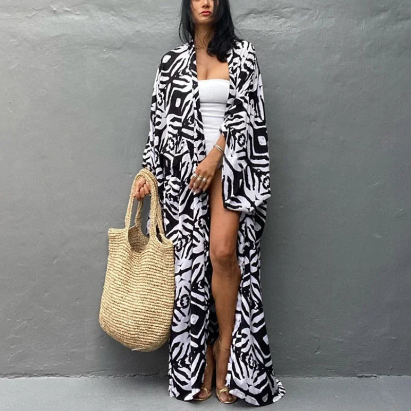 Cotton Rayon Printed Self Belted Maxi Boho Cover up MULTI / One Size bohocoverup-250126