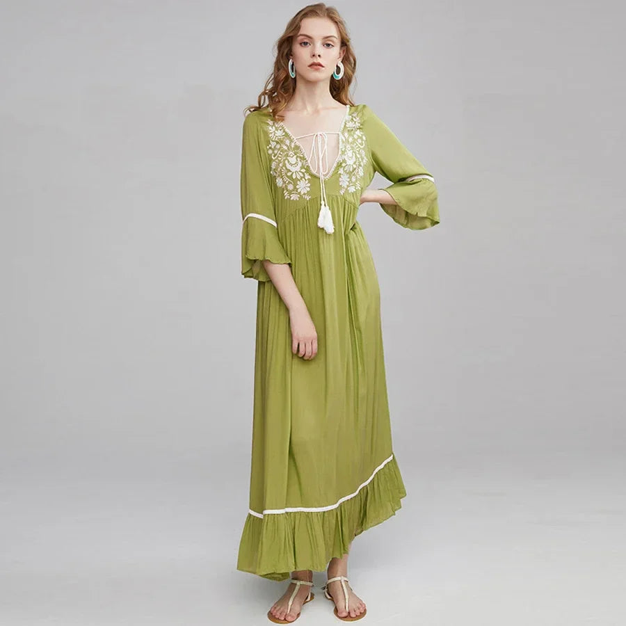 Cotton Rayon Boho Dress Green / S bohodress-250126
