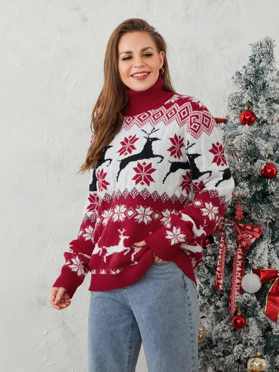 Couples Elk Print Long Sleeve Turtleneck Warm Knitted Christmas Sweater Sweaters-L