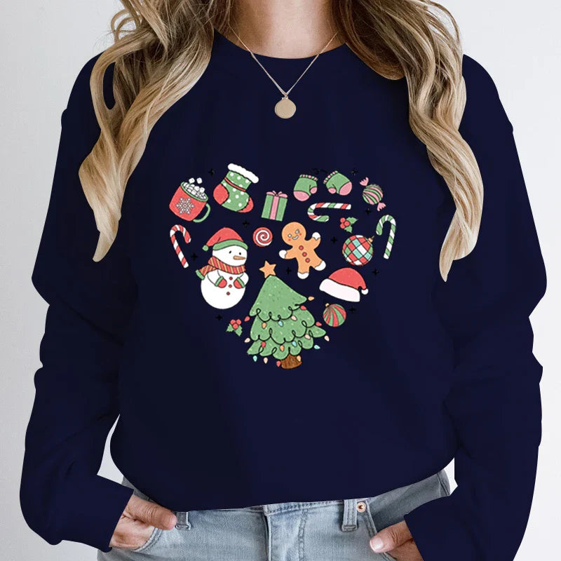 Cute Heart Tree Snowman Fashion Loose Round Neck Christmas Hoodie Deep Blue / S Hoodies-L