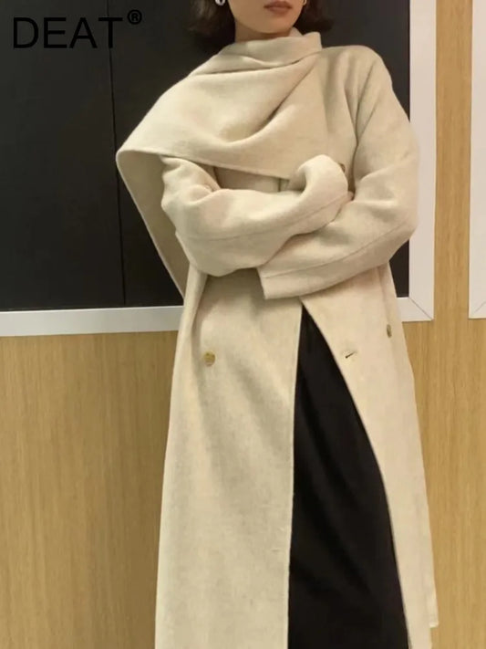 Scarf Collar Double-Breasted Wool Overcoat