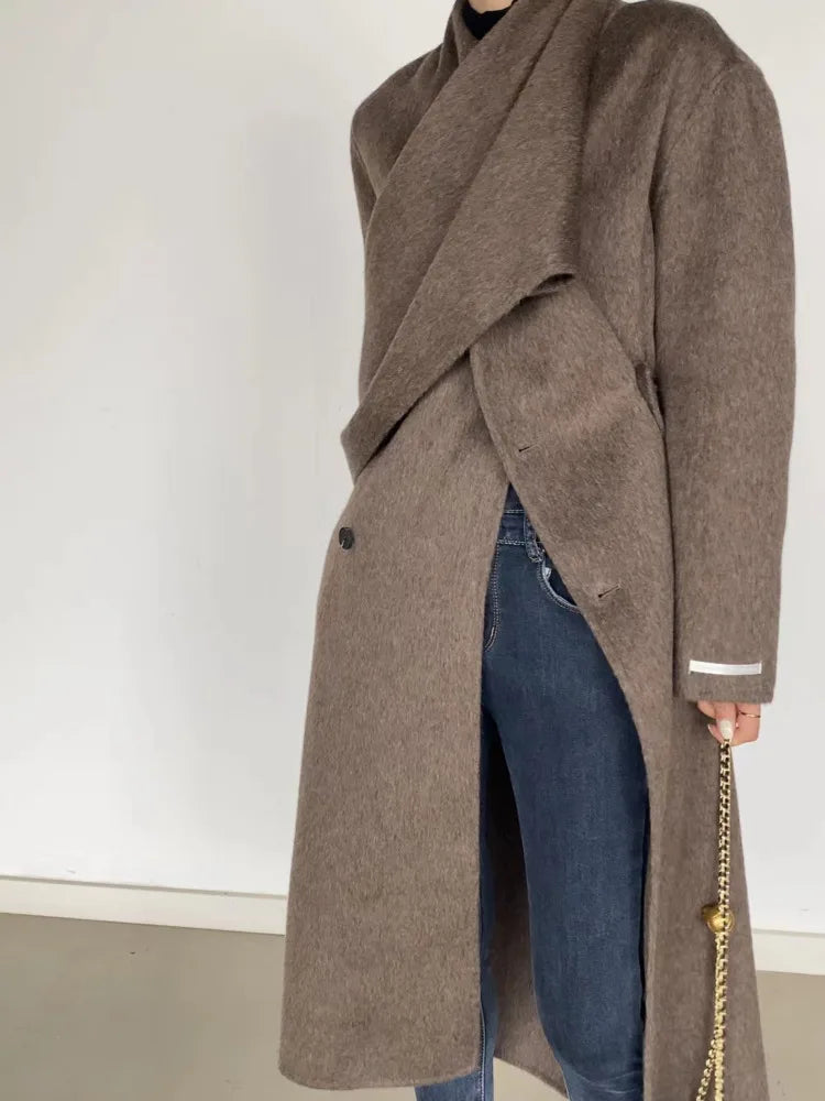 Scarf Collar Double-Breasted Wool Overcoat Brown / One Size