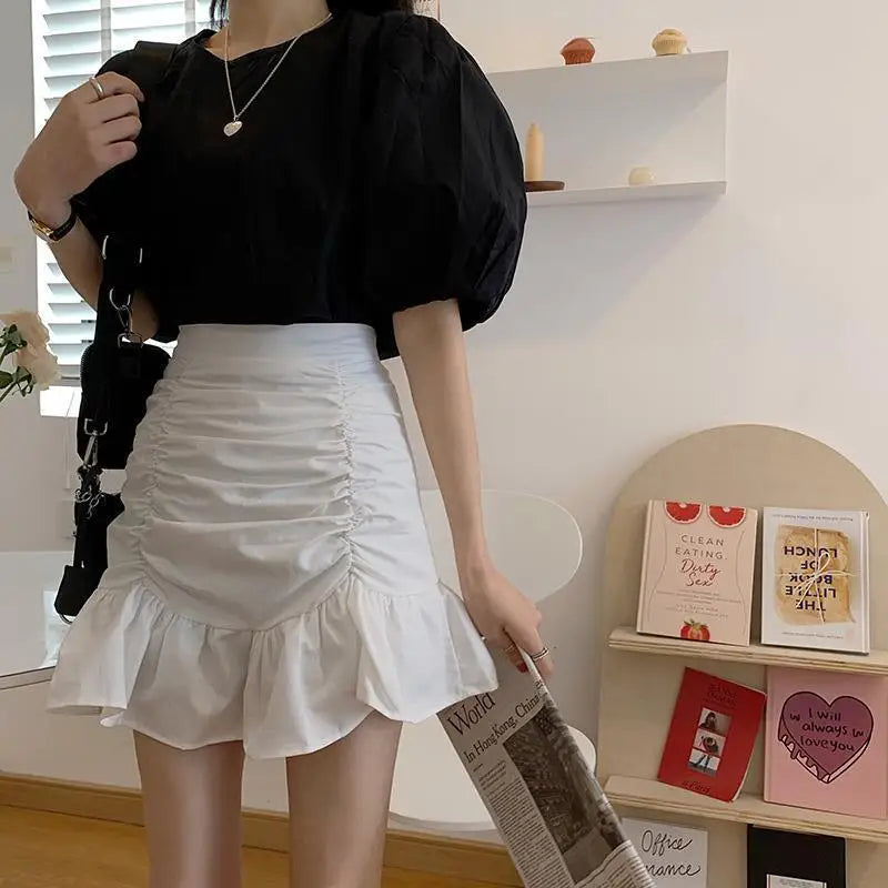 Ruffle Sweet Mini Skirt White A-Line Solid Cute