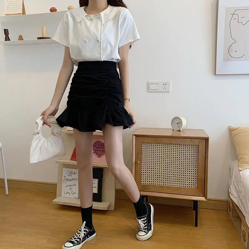 Ruffle Sweet Mini Skirt White A-Line Solid Cute