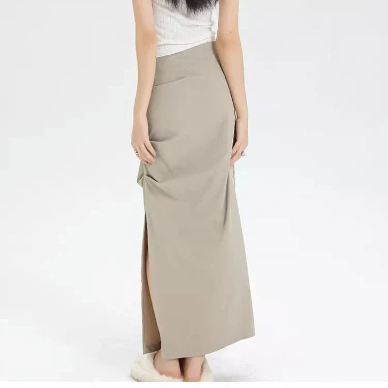 Slit Pleated Solid Long Skirt Vintage Korean Casual