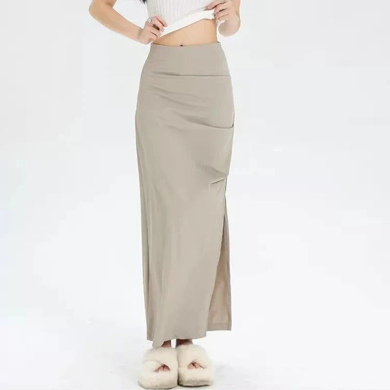 Slit Pleated Solid Long Skirt Vintage Korean Casual